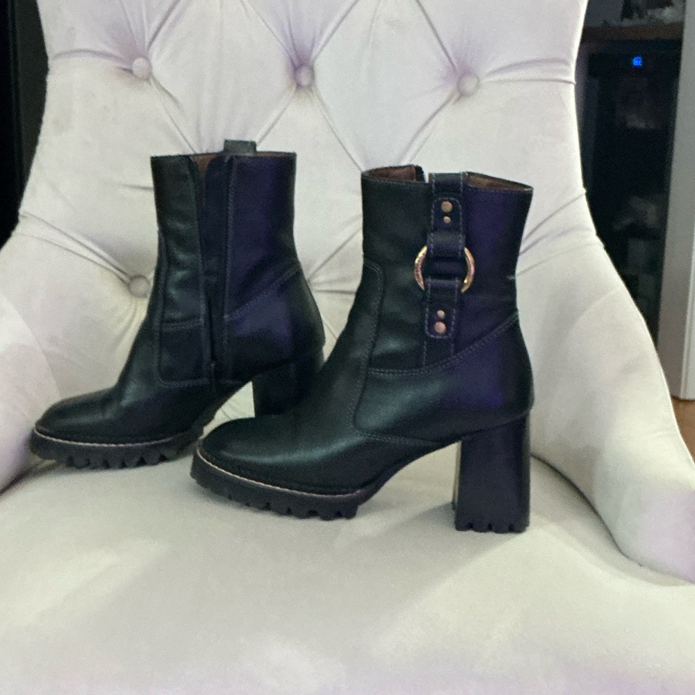 See by Chloe Lug Sole Booties w/ gold buckle